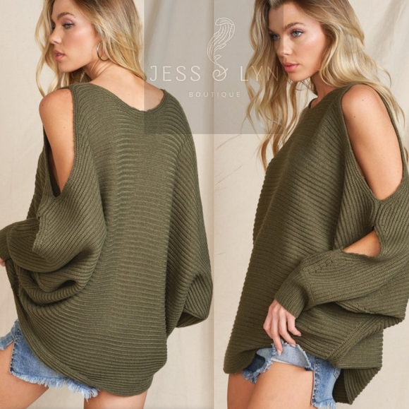 🆕 JAMESYN- Olive Oversized Boyfriend Knit Sweater w/Open Arm Detail - Picture 2 of 16